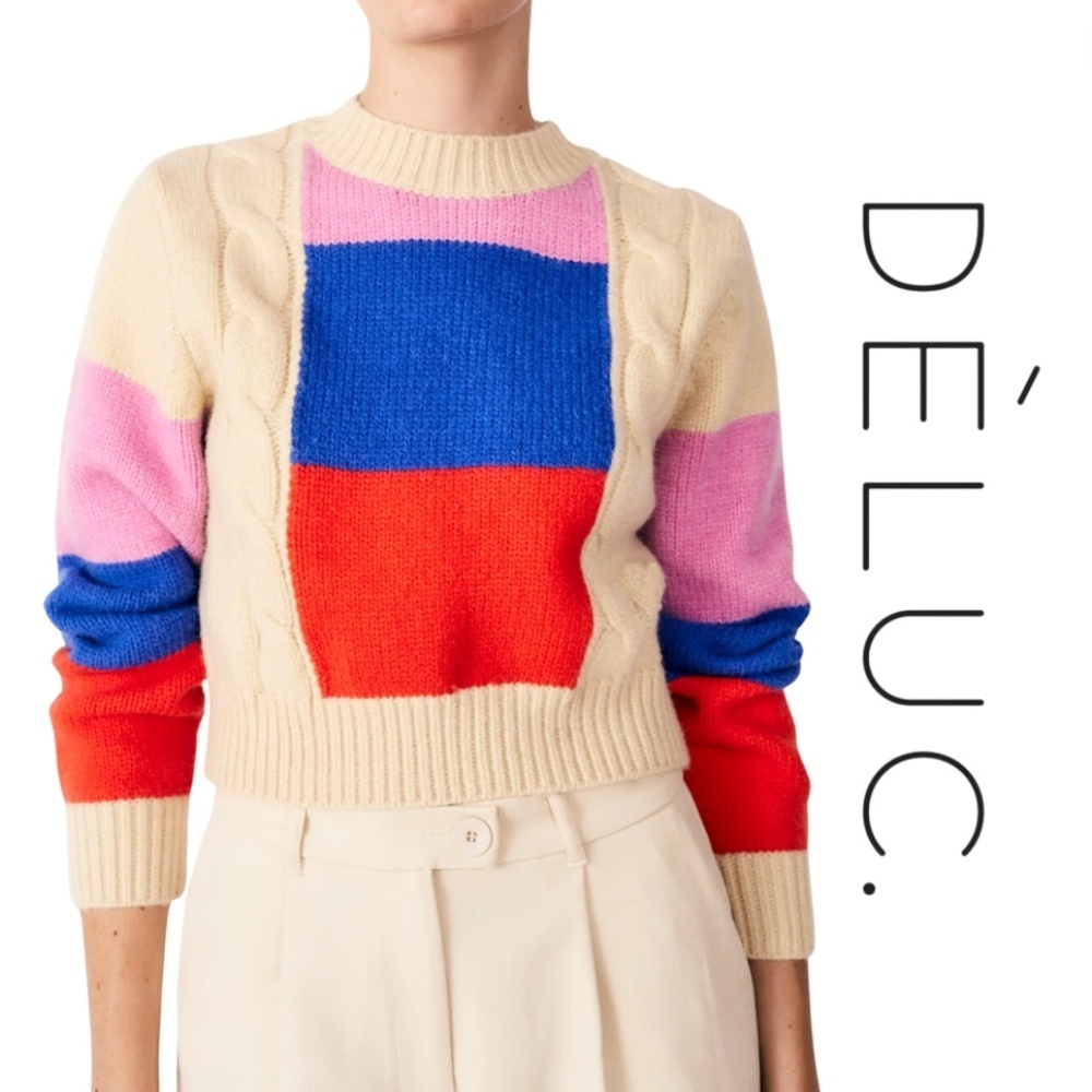 Deluc Colorblock Cable-Knit Sweater in Cream, Pink, Blue, Red